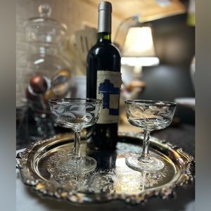 set w vintage coupe glasses and silver plate tray